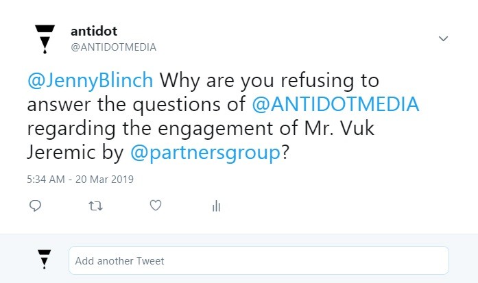 Javno pitanje koje je redakcija Antidota preko Tvitera uputila predstavnici za medije kompanije Partners Group